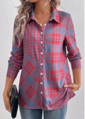 Plaid Button Red Long Sleeve Shirt Collar Blouse