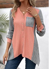 Patchwork Orange Long Sleeve V Neck Blouse