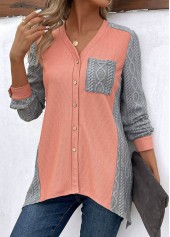 Patchwork Orange Long Sleeve V Neck Blouse
