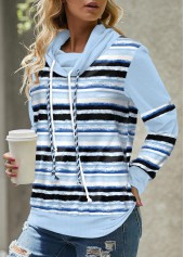Striped Patchwork Light Blue Long Sleeve Cowl Neck Sweatshirt