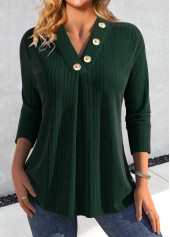 Button Blackish Green Long Sleeve V Neck T Shirt