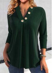 Button Blackish Green Long Sleeve V Neck T Shirt