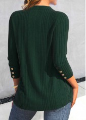Button Blackish Green Long Sleeve V Neck T Shirt