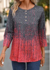 Ombre Button Coral Three Quarter Length Sleeve T Shirt