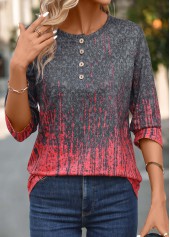 Ombre Button Coral Three Quarter Length Sleeve T Shirt
