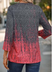 Ombre Button Coral Three Quarter Length Sleeve T Shirt