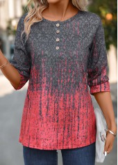 Ombre Button Coral Three Quarter Length Sleeve T Shirt