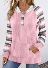 Multi Stripe Print Textured Fabric Pink Long Sleeve Hoodie