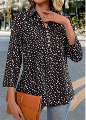 Ditsy Floral Print Button Black Long Sleeve Blouse