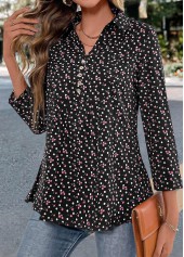 Ditsy Floral Print Button Black Long Sleeve Blouse