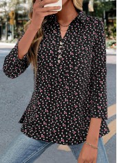 Ditsy Floral Print Button Black Long Sleeve Blouse