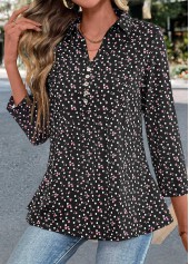 Ditsy Floral Print Button Black Long Sleeve Blouse