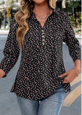 Ditsy Floral Print Button Black Long Sleeve Blouse