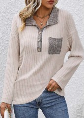 Button Beige Long Sleeve Turn Down Collar Sweatshirt