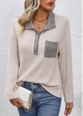 Button Beige Long Sleeve Turn Down Collar Sweatshirt