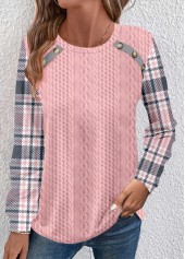Plaid Patchwork Pink Long Sleeve Round Neck Sweatshirt