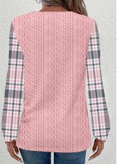 Plaid Patchwork Pink Long Sleeve Round Neck Sweatshirt