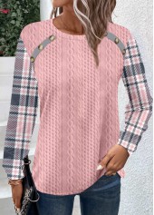 Plaid Patchwork Pink Long Sleeve Round Neck Sweatshirt