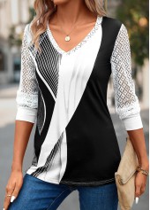 Geometric Print Lace Grey Long Sleeve T Shirt