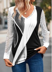 Geometric Print Lace Grey Long Sleeve T Shirt