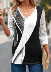 Geometric Print Lace Grey Long Sleeve T Shirt