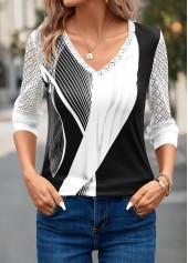 Geometric Print Lace Grey Long Sleeve T Shirt