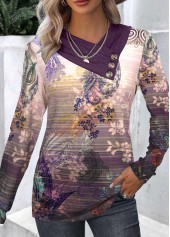 Paisley Print Button Dark Reddish Purple T Shirt