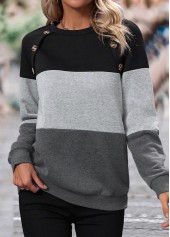 Patchwork Dark Grey Long Sleeve Round Neck Sweatshirt