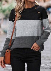 Patchwork Dark Grey Long Sleeve Round Neck Sweatshirt