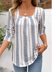 Striped Patchwork Long Sleeve Square Neck T Shirt