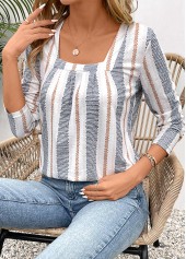 Striped Patchwork Long Sleeve Square Neck T Shirt
