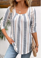 Striped Patchwork Long Sleeve Square Neck T Shirt