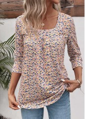 Ditsy Floral Print Ruched Yellow Long Sleeve T Shirt