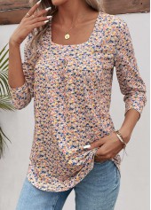 Ditsy Floral Print Ruched Yellow Long Sleeve T Shirt