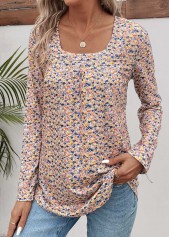 Ditsy Floral Print Ruched Yellow Long Sleeve T Shirt