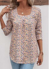 Ditsy Floral Print Ruched Yellow Long Sleeve T Shirt