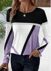 Geometric Print Patchwork Light Purple Long Sleeve T Shirt