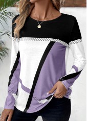 Geometric Print Patchwork Light Purple Long Sleeve T Shirt