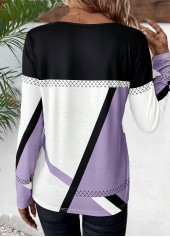 Geometric Print Patchwork Light Purple Long Sleeve T Shirt