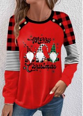 Christmas Print Button Wine Red Long Sleeve T Shirt