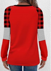 Christmas Print Button Wine Red Long Sleeve T Shirt