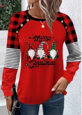 Christmas Print Button Wine Red Long Sleeve T Shirt