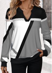 Geometric Print Patchwork Black Split Neck Sweatshirt
