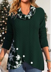Christmas Snowflake Print Button Blackish Green Cowl Neck Sweatshirt