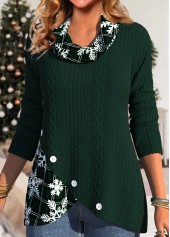 Christmas Snowflake Print Button Blackish Green Cowl Neck Sweatshirt