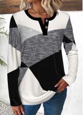 Geometric Print Button Multi Color Long Sleeve T Shirt