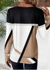 Geometric Print Patchwork Light Coffee Long Sleeve T Shirt