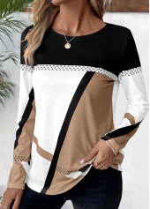 Geometric Print Patchwork Light Coffee Long Sleeve T Shirt