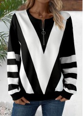 Striped Zipper Black Long Sleeve Round Neck Sweatshirt