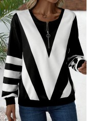 Striped Zipper Black Long Sleeve Round Neck Sweatshirt